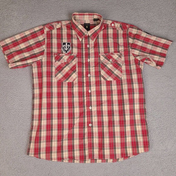 Kani Gold Shirt Mens XL Red‎ Plaid Button Down Short Sleeve Patches Fitted - Picture 1 of 15